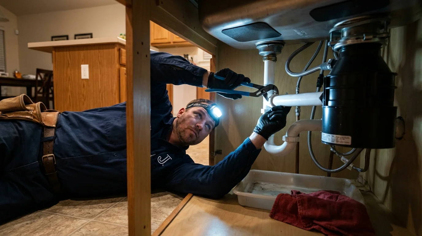 P-trap and supply line connections under a kitchen sink showing a common leak point in Sunnyvale, CA